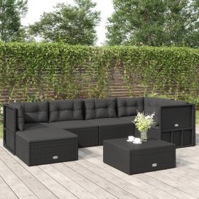 6 Piece Patio Lounge Set with Cushions Black Poly Rattan