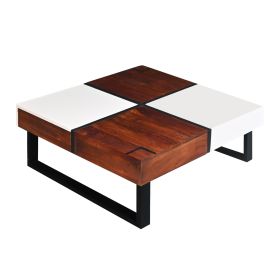 Byron 35 Inch Acacia Wood Square Coffee Table, 2 Slide Out Storage, White, Mahogany Brown