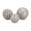 Handcrafted Decorative Orb Ball, Textured, Polyresin and Glass, Set of 3, Antique Silver