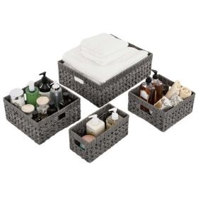 Handwoven Faux Wicker Storage Baskets Organizer Set, 4 Pack, Modern Gray