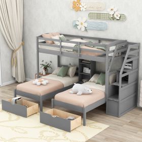 Twin over Twin&Twin Bunk Bed;  Triple Bunk Bed with Drawers;  Staircase with Storage;  Built-in Shelves