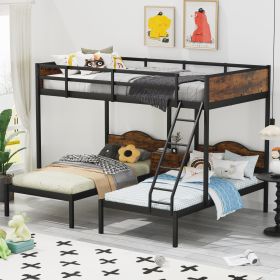 Full Over Twin & Twin Bunk Bed Metal Triple Bed With Nightstand and Guardrails. Black & Brown, 96.9'' L x 76'' W x 69'' H