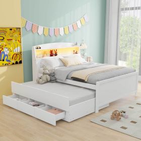 Full Size Platform Bed with Storage LED Headboard, Twin Size Trundle and 3 Drawers, White