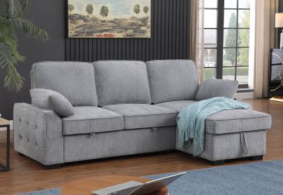 Mackenzie 91" Light Gray Chenille Fabric Reversible Sleeper Sectional with Storage Chaise, Drop-Down Table, Cup Holders and Charging Ports