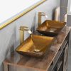 22.25" L -14.25" W -4 1/2" H Glass Rectangular Vessel Bathroom Sink in Gold Set with gold Faucet and gold Pop Up Drain