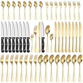 Stainless Steel Tableware 48 Pieces Suit Steak Knife Fork And Spoon (Color: Gold)