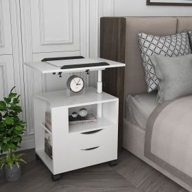 Multifunctional Height Adjustable Overbed End Table Wooden Nightstand with Swivel Top, Storage Drawers, Wheels, and Open Shelf (Color: White)