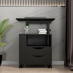 Multifunctional Height Adjustable Overbed End Table Wooden Nightstand with Swivel Top, Storage Drawers, Wheels, and Open Shelf (Color: Black)