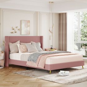 Queen Size Corduroy Platform Bed with Metal Legs (Color: Pink)