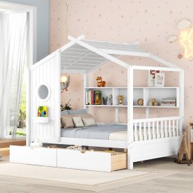 Wooden Full Size House Bed with 2 Drawers,Kids Bed with Storage Shelf (Color: White)