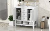 36" Bathroom Vanity with Ceramic Basin, Two Cabinets and Drawers, Open Shelf, Solid Wood Frame